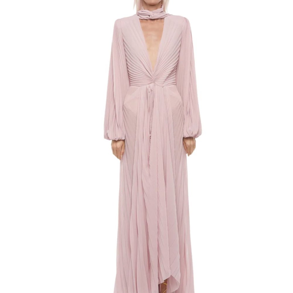 The Olimpo Pussy-bow Draped Pleated Gown